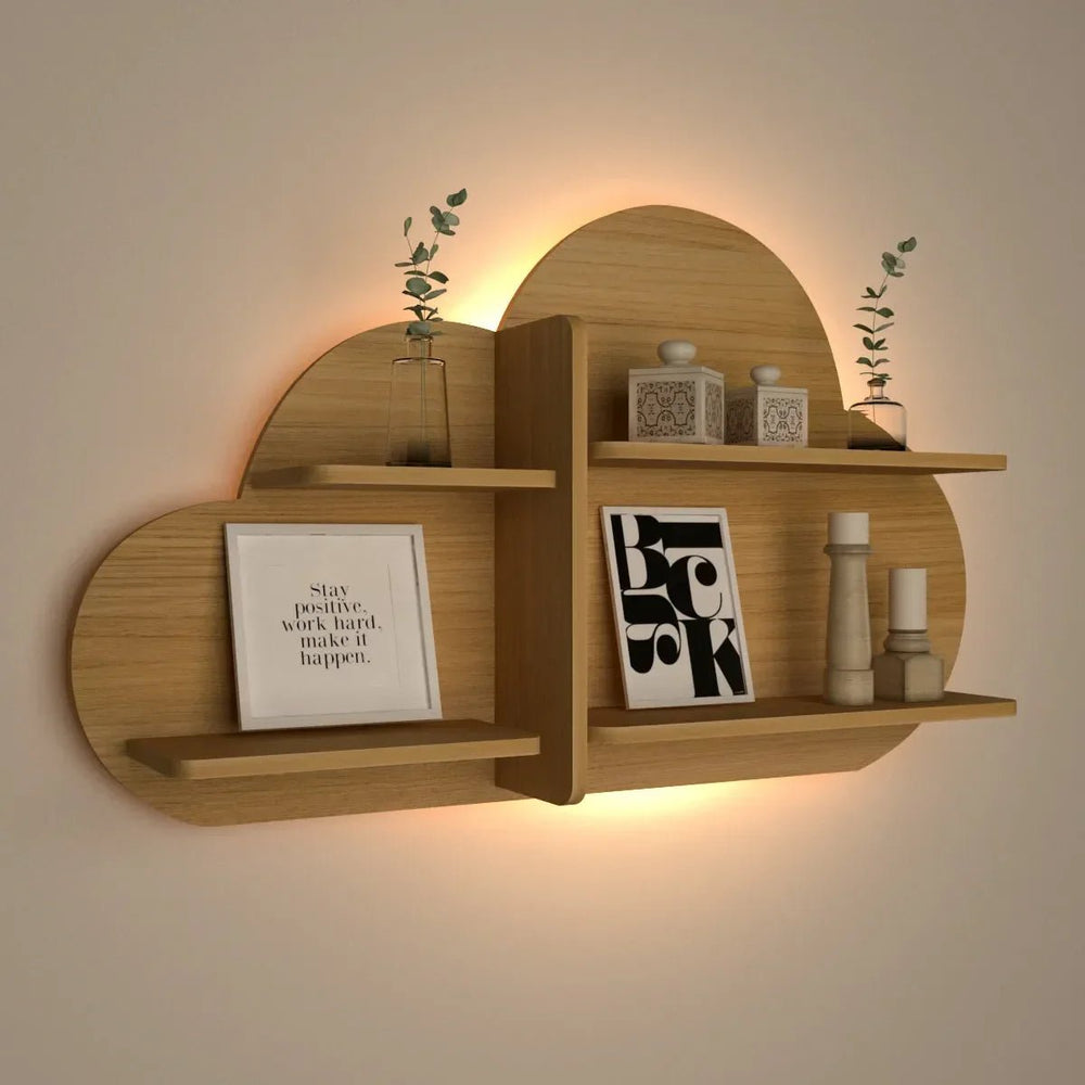 Cloud Shape Backlit Wood Wall Shelf / Book Shelf / Night Light, Light Oak Finish - All India Decor