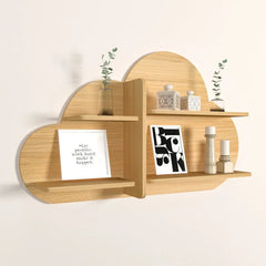 Cloud Shape Backlit Wood Wall Shelf / Book Shelf / Night Light, Light Oak Finish - All India Decor