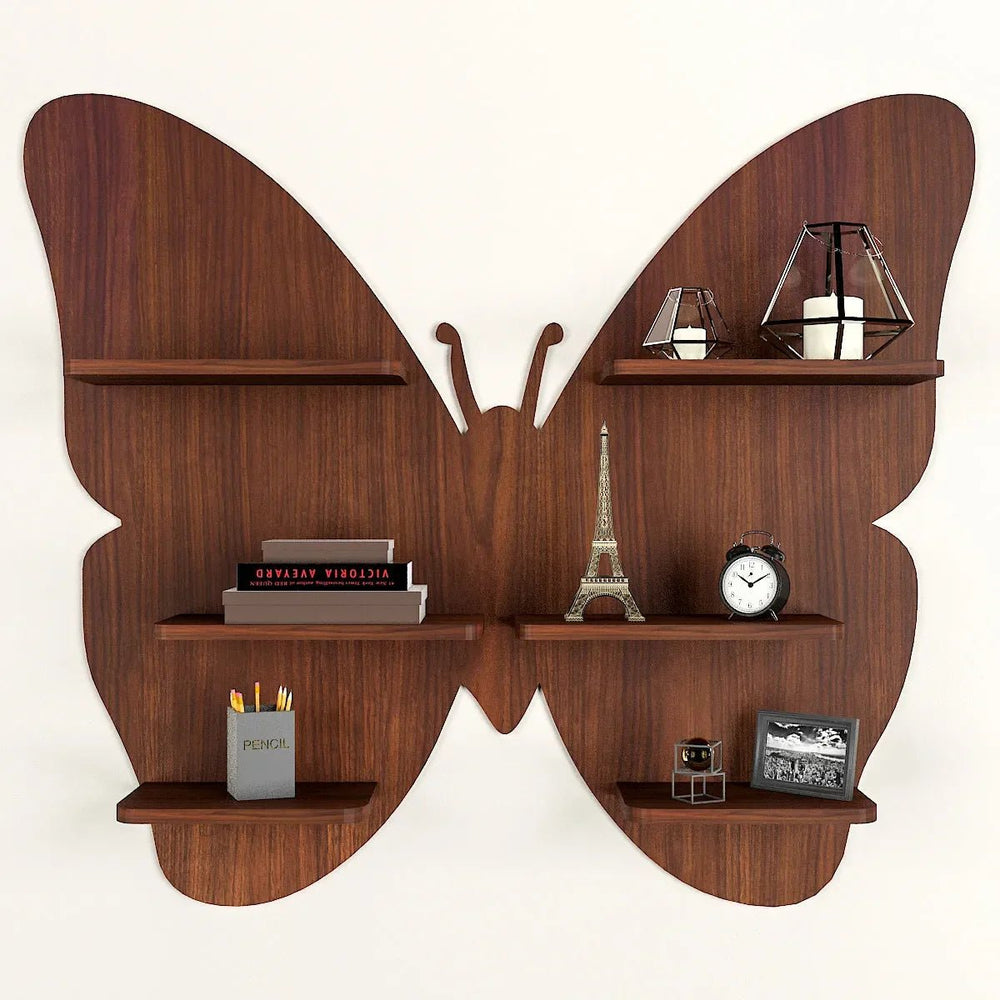 Butterfly Shape Backlit Wood Wall Shelf / Book Shelf / Night Light, Walnut Finish - All India Decor