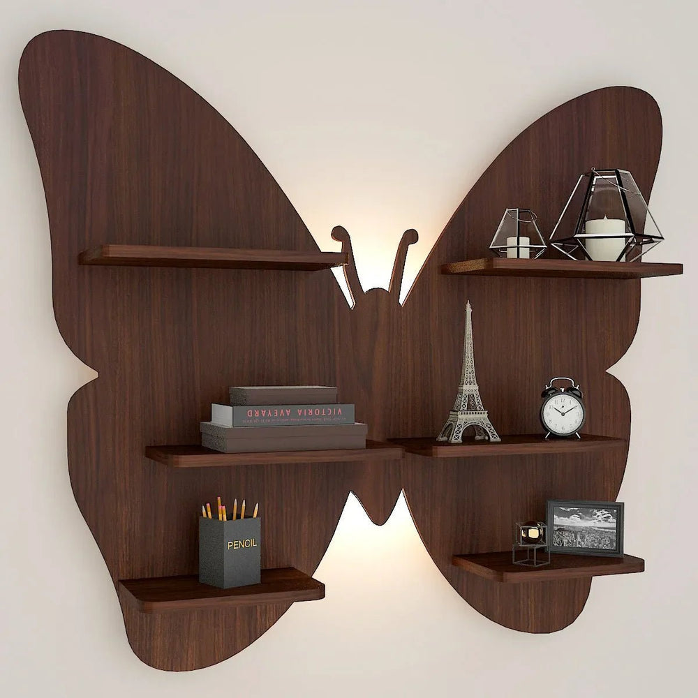 Butterfly Shape Backlit Wood Wall Shelf / Book Shelf / Night Light, Walnut Finish - All India Decor