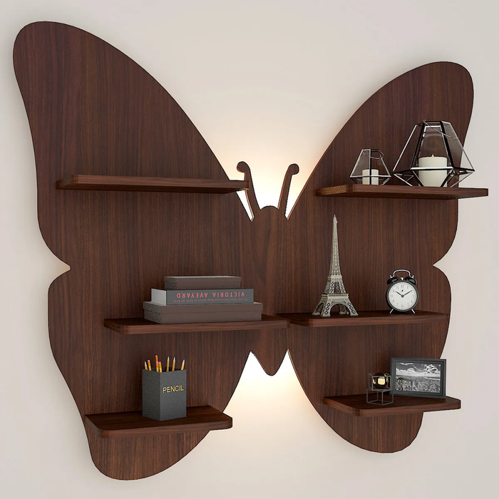 Butterfly Shape Backlit Wood Wall Shelf / Book Shelf / Night Light, Walnut Finish