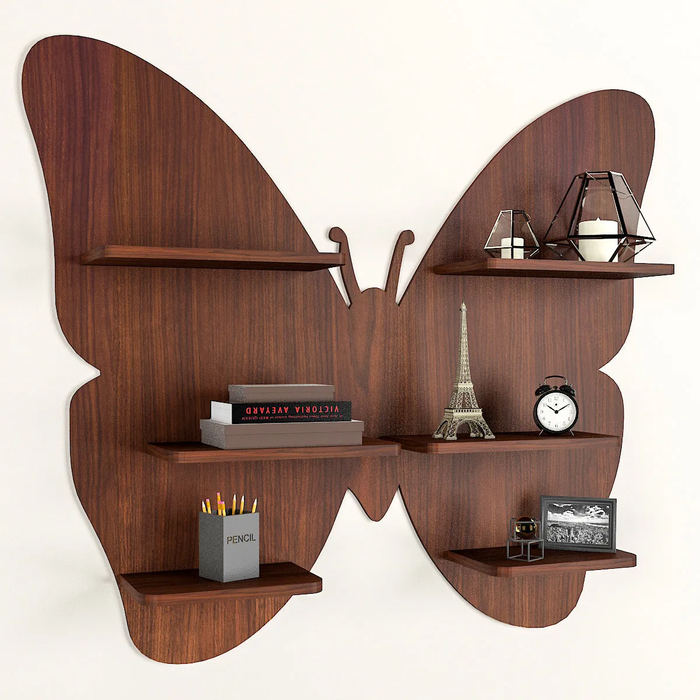 Butterfly Shape Backlit Wood Wall Shelf / Book Shelf / Night Light, Walnut Finish