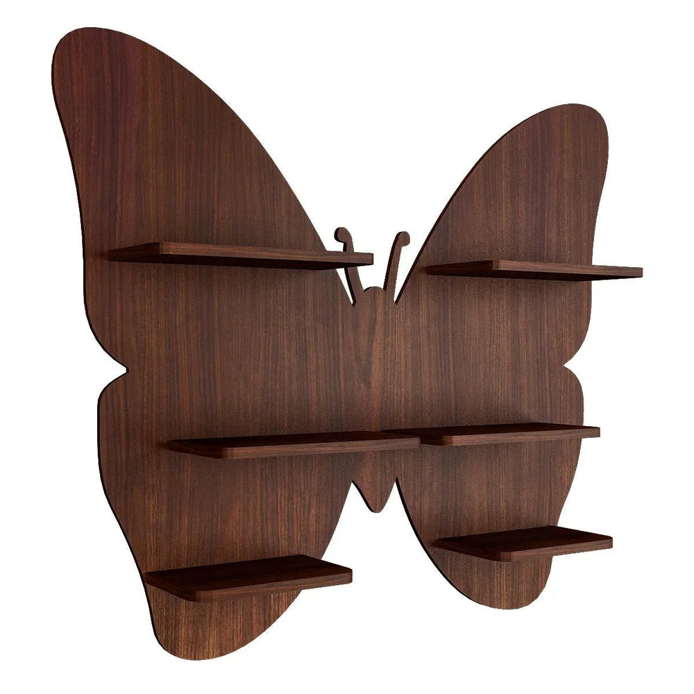 Butterfly Shape Backlit Wood Wall Shelf / Book Shelf / Night Light, Walnut Finish - All India Decor