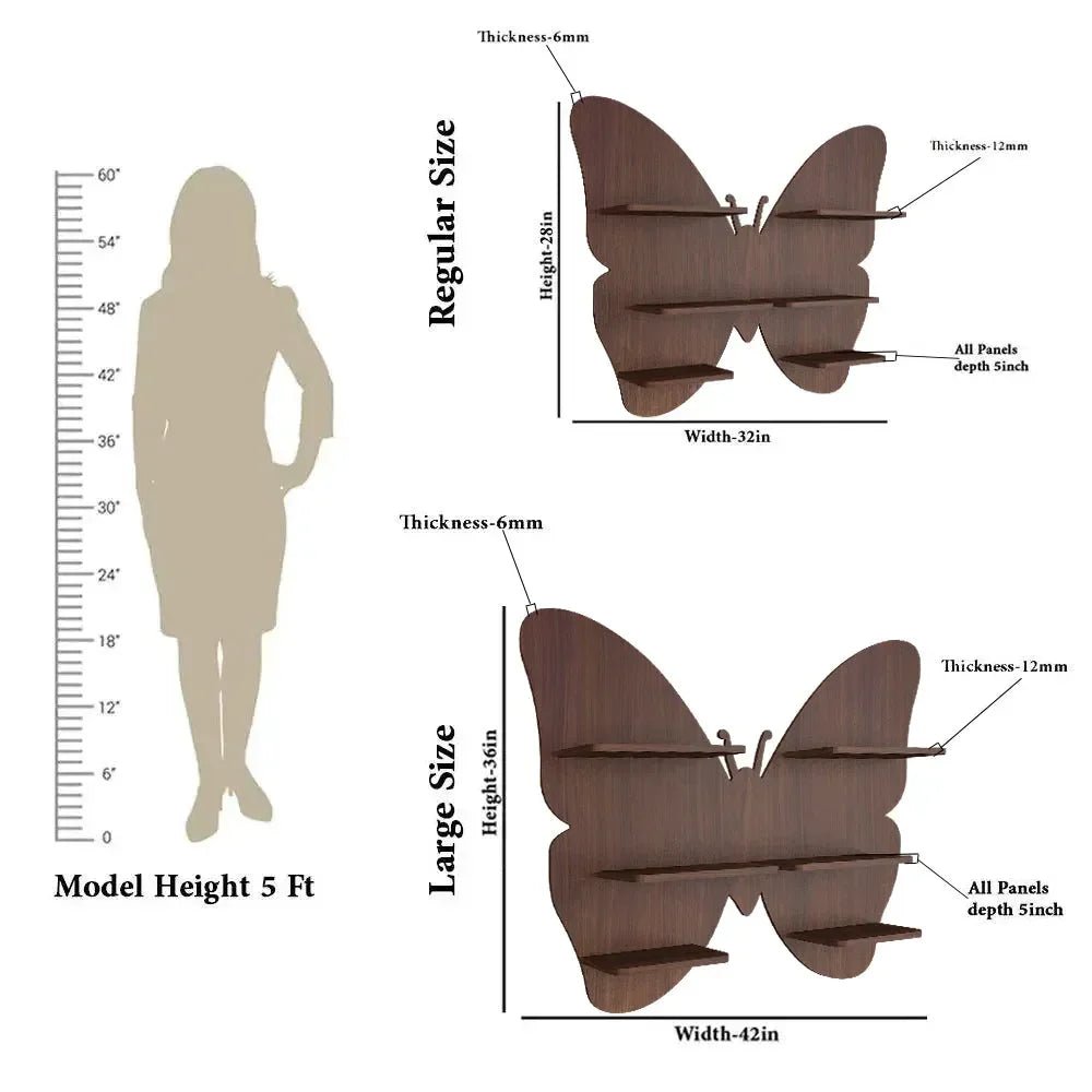 Butterfly Shape Backlit Wood Wall Shelf / Book Shelf / Night Light, Walnut Finish - All India Decor