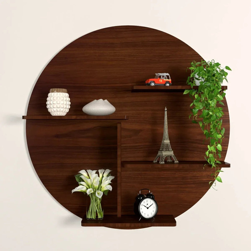 Circle Shape Backlit Wood Wall Shelf / Book Shelf / Night Light, Walnut Finish - All India Decor