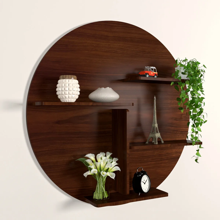 Circle Shape Backlit Wood Wall Shelf / Book Shelf / Night Light, Walnut Finish