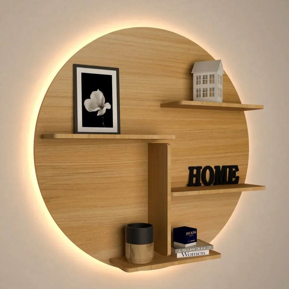 Circle Shape Backlit Wood Wall Shelf / Book Shelf / Night Light, Oak Finish - All India Decor