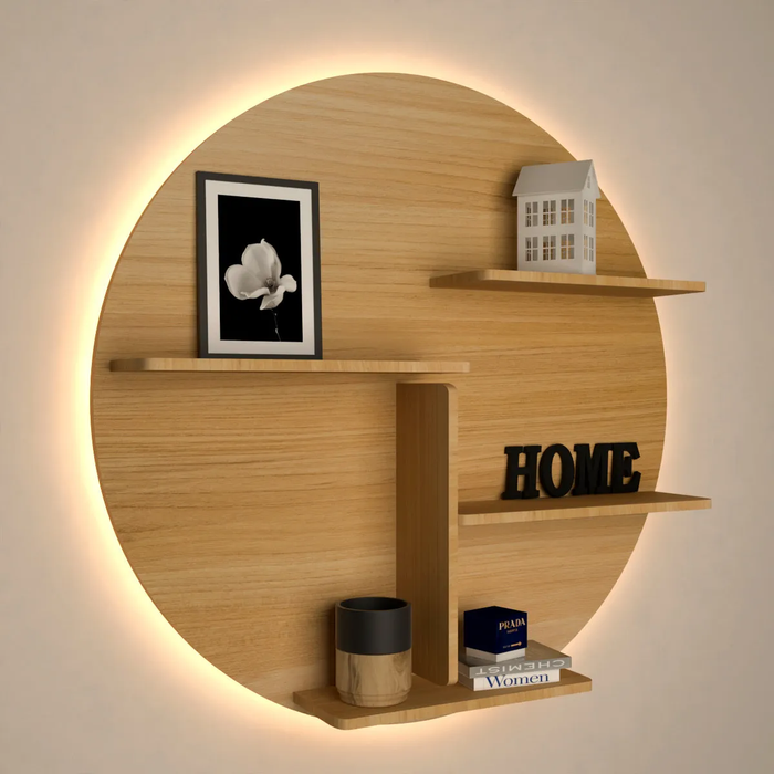 Circle Shape Backlit Wood Wall Shelf / Book Shelf / Night Light, Oak Finish