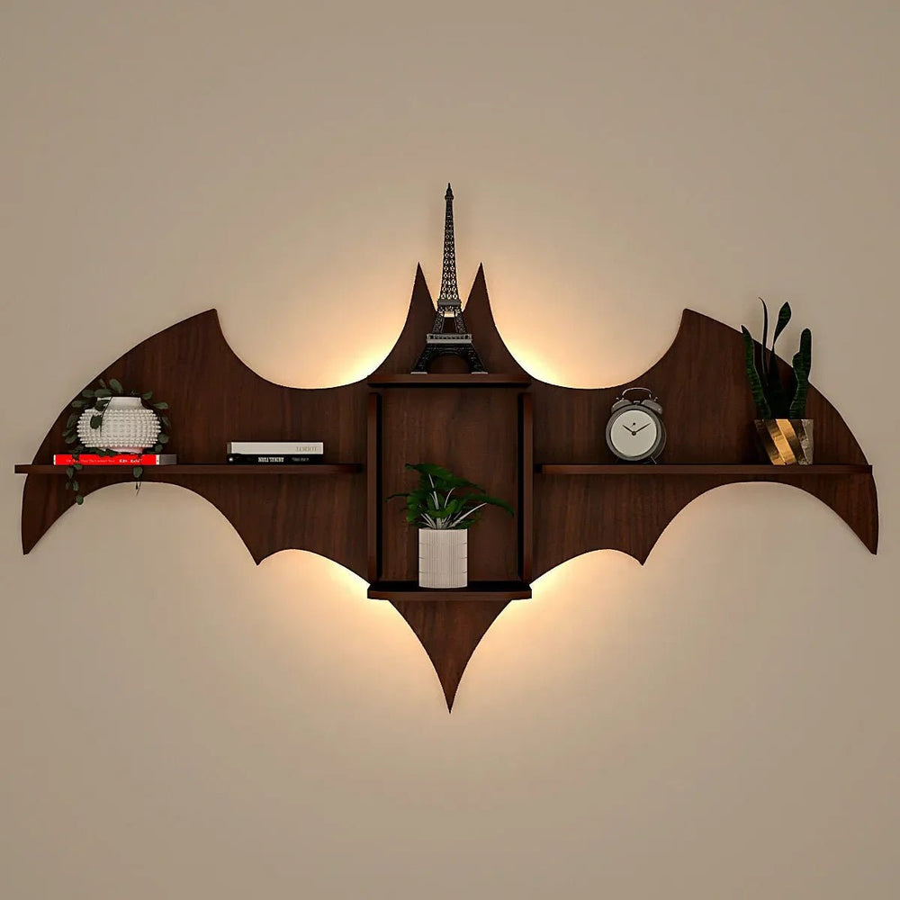 Bat Shape Backlit Wood Wall Shelf / Book Shelf / Night Light, Walnut Finish - All India Decor