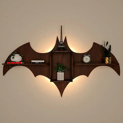 Bat Shape Backlit Wood Wall Shelf / Book Shelf / Night Light, Walnut Finish - All India Decor