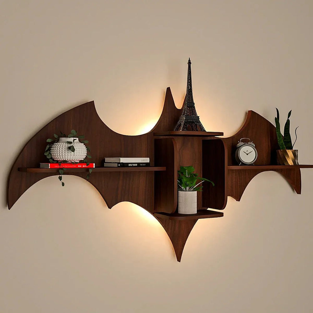 Bat Shape Backlit Wood Wall Shelf / Book Shelf / Night Light, Walnut Finish - All India Decor