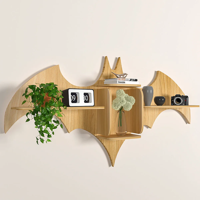 Bat Shape Wood Wall Shelf / Book Shelf / Night Light, Light Oak Finish