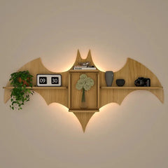 Bat Shape Wood Wall Shelf / Book Shelf / Night Light, Light Oak Finish - All India Decor