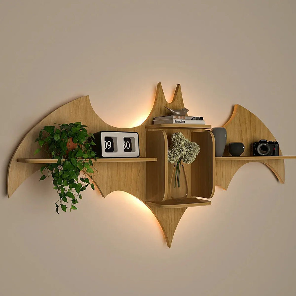 Bat Shape Wood Wall Shelf / Book Shelf / Night Light, Light Oak Finish - All India Decor