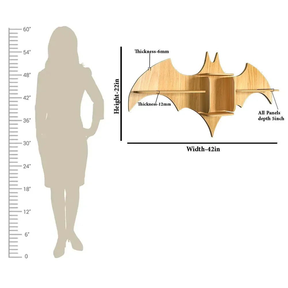 Bat Shape Wood Wall Shelf / Book Shelf / Night Light, Light Oak Finish - All India Decor