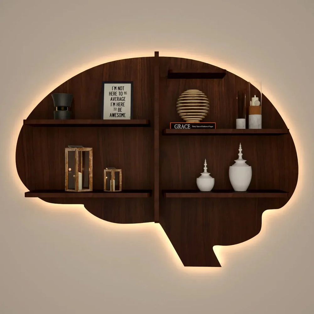 Brain Shape Backlit Wood Wall Shelf / Book Shelf / Night Light, Walnut Finish - All India Decor