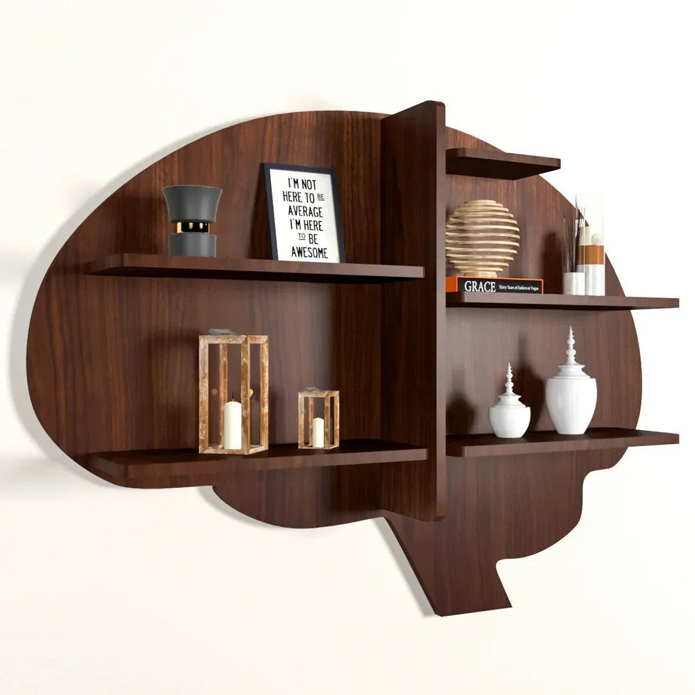 Brain Shape Backlit Wood Wall Shelf / Book Shelf / Night Light, Walnut Finish - All India Decor