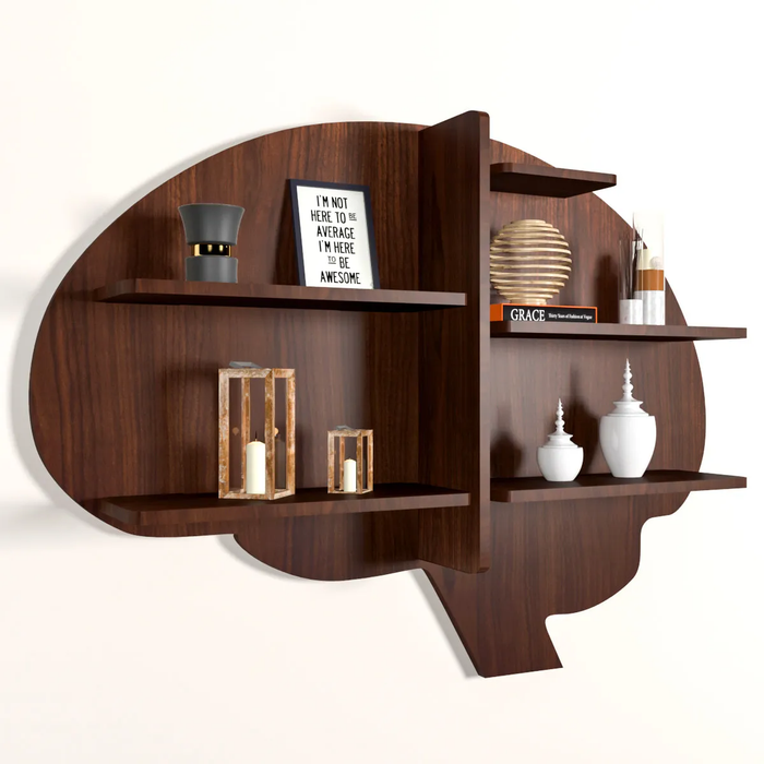 Brain Shape Backlit Wood Wall Shelf / Book Shelf / Night Light, Walnut Finish