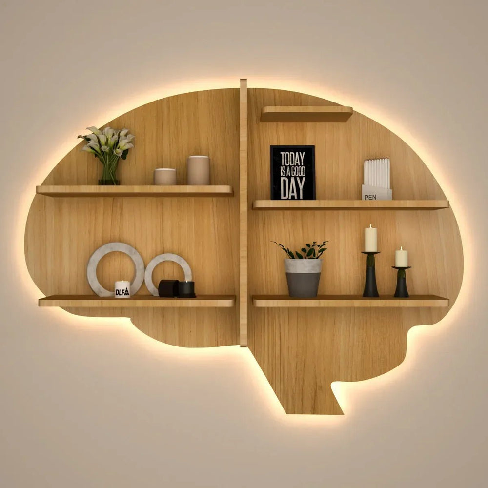 Brain Shape Backlit Wood Wall Shelf / Book Shelf / Night Light, Light Oak Finish - All India Decor