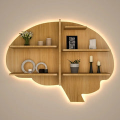 Brain Shape Backlit Wood Wall Shelf / Book Shelf / Night Light, Light Oak Finish - All India Decor