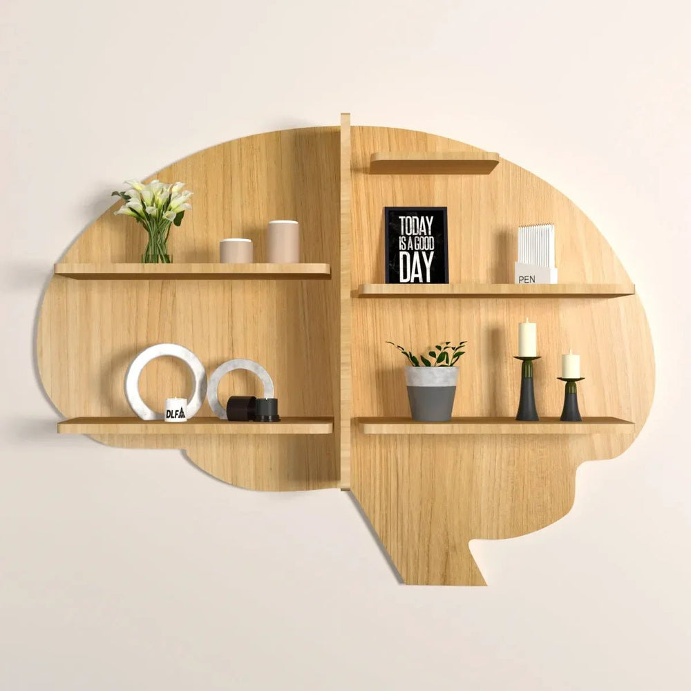Brain Shape Backlit Wood Wall Shelf / Book Shelf / Night Light, Light Oak Finish - All India Decor