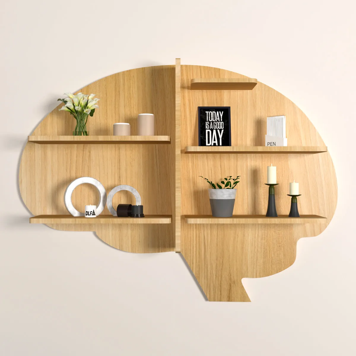 Brain Shape Backlit Wood Wall Shelf / Book Shelf / Night Light, Light Oak Finish