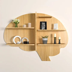 Brain Shape Backlit Wood Wall Shelf / Book Shelf / Night Light, Light Oak Finish - All India Decor