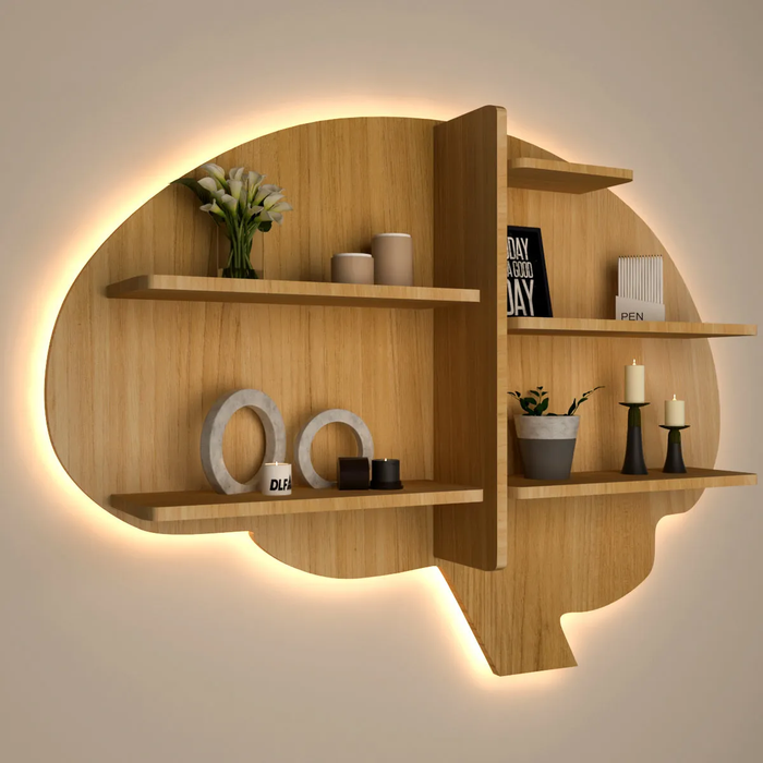 Brain Shape Backlit Wood Wall Shelf / Book Shelf / Night Light, Light Oak Finish