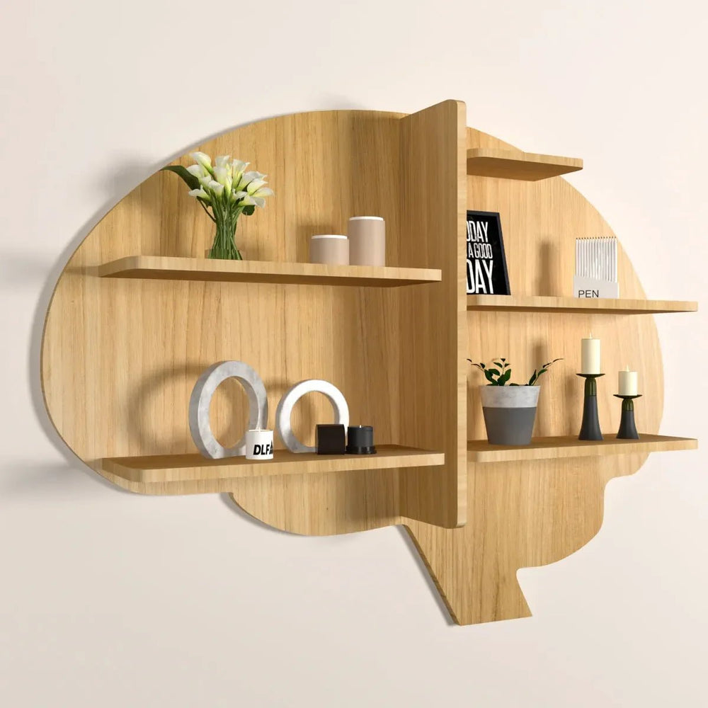Brain Shape Backlit Wood Wall Shelf / Book Shelf / Night Light, Light Oak Finish - All India Decor