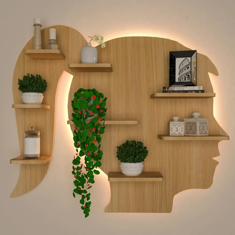 Girl Backlit Wood Wall Shelf / Book Shelf / Night Light, Light Oak Finish - All India Decor