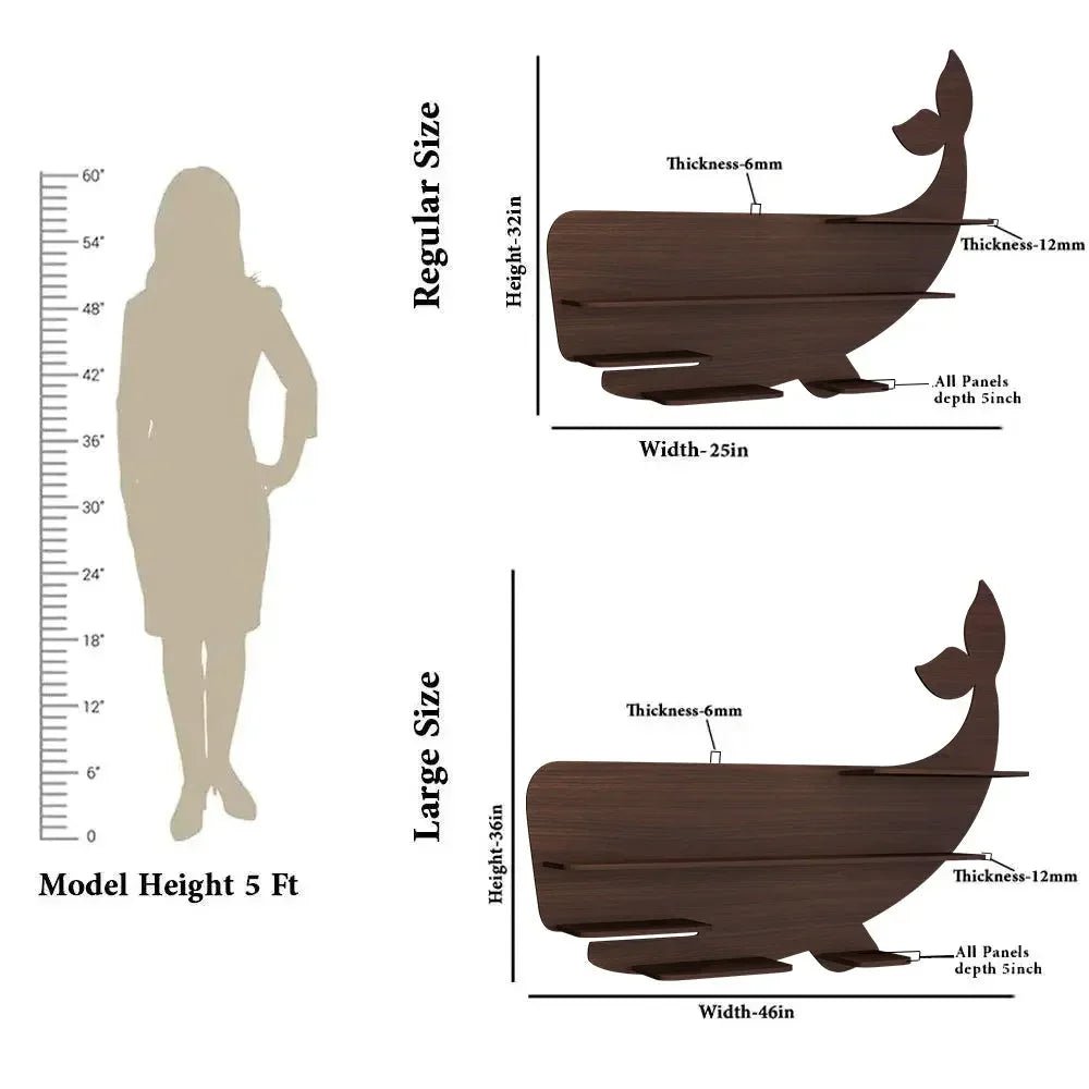 Whale Backlit Wood Wall Shelf / Book Shelf / Night Light, Walnut Finish - All India Decor