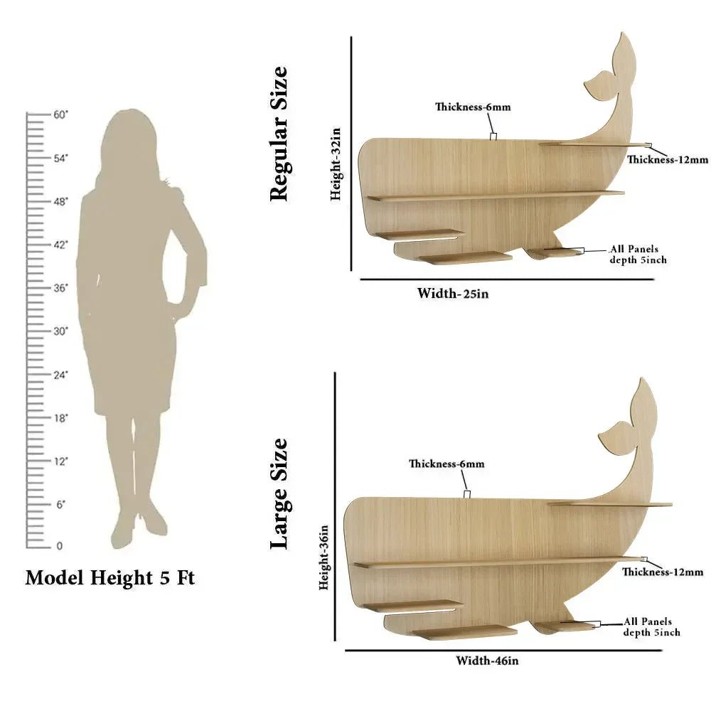 Whale Backlit Wood Wall Shelf / Book Shelf / Night Light, Light Oak Finish - All India Decor