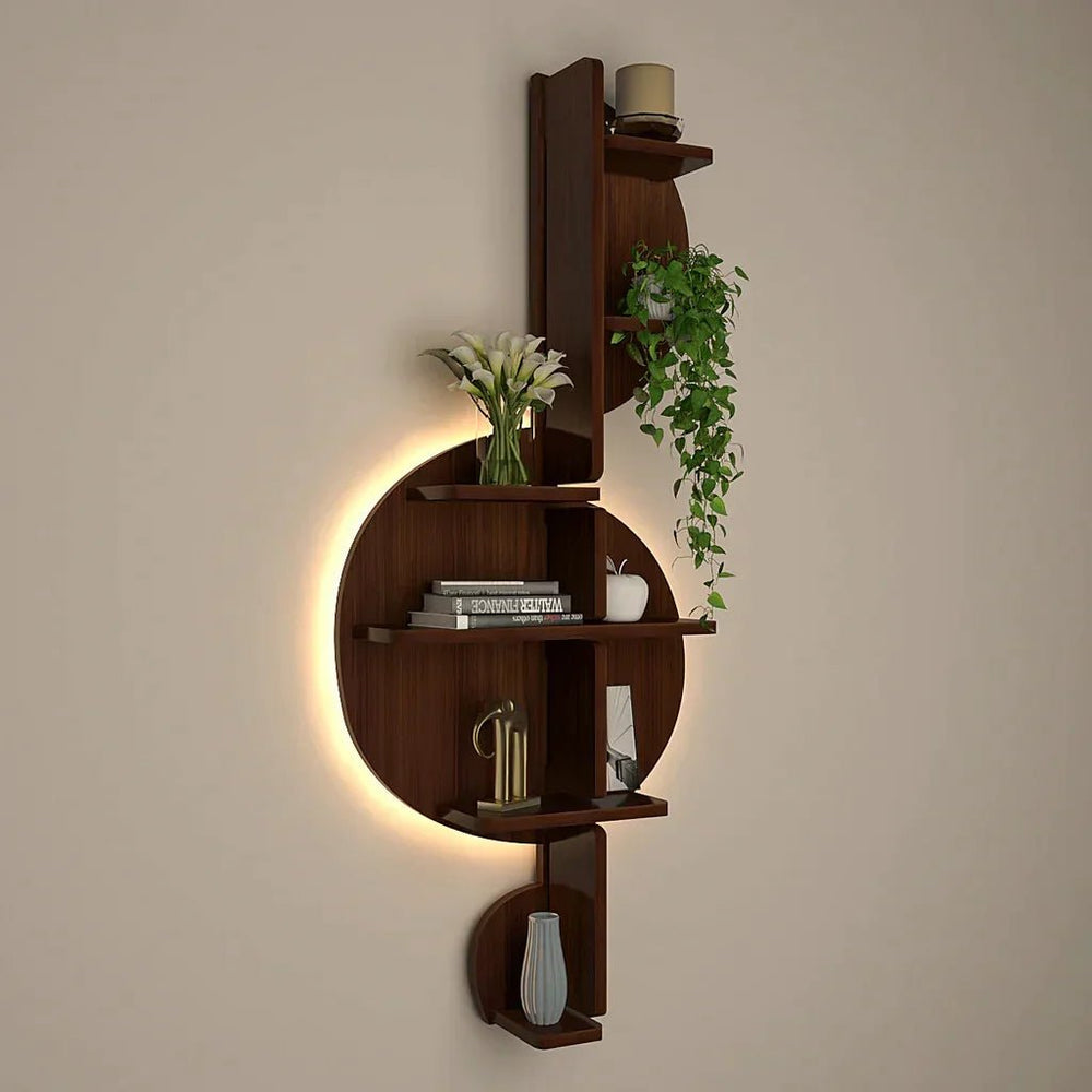 Music Note Backlit Wood Wall Shelf / Book Shelf / Night Light, Walnut Finish - All India Decor