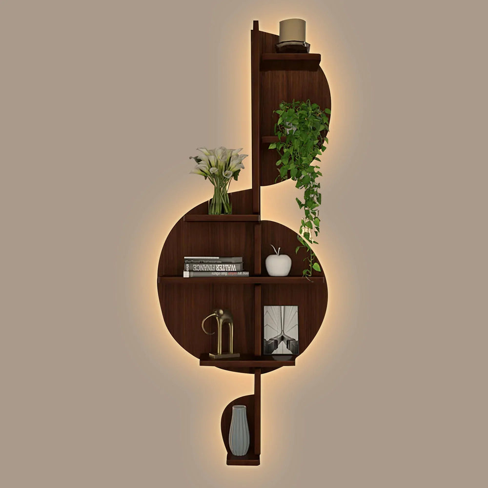 Music Note Backlit Wood Wall Shelf / Book Shelf / Night Light, Walnut Finish - All India Decor