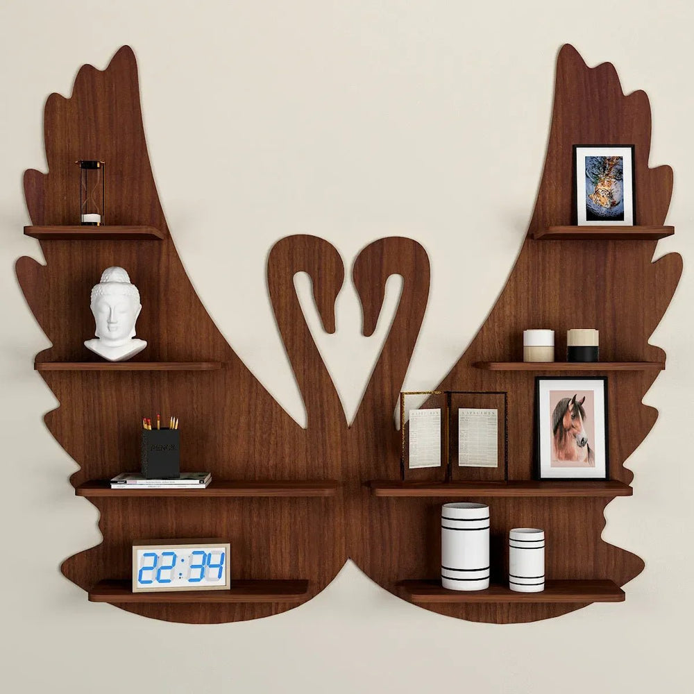 Loving Swan Backlit Wood Wall Shelf / Book Shelf / Night Light, Walnut Finish - All India Decor