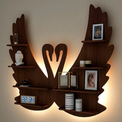 Loving Swan Backlit Wood Wall Shelf / Book Shelf / Night Light, Walnut Finish - All India Decor