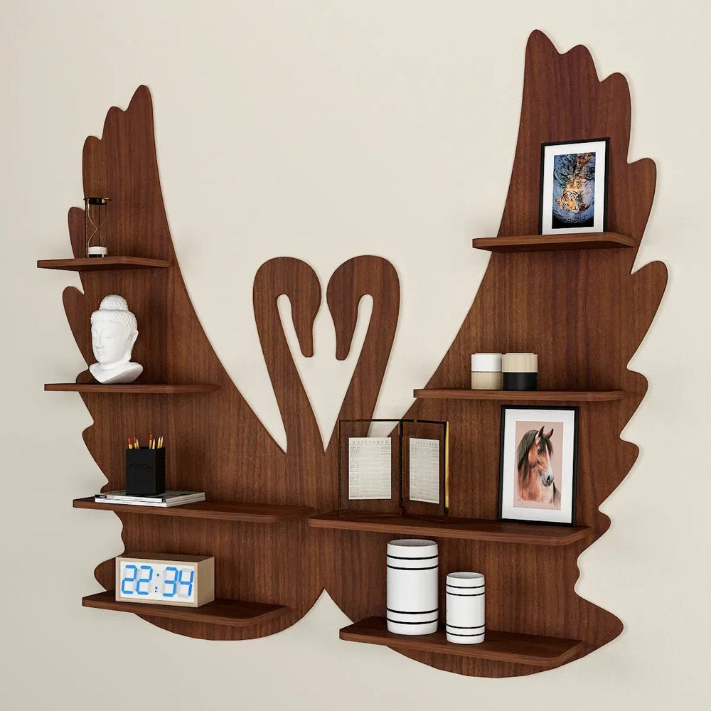 Loving Swan Backlit Wood Wall Shelf / Book Shelf / Night Light, Walnut Finish - All India Decor