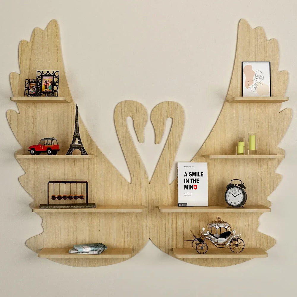 Loving Swan Backlit Wood Wall Shelf / Book Shelf / Night Light, Light Oak Finish - All India Decor