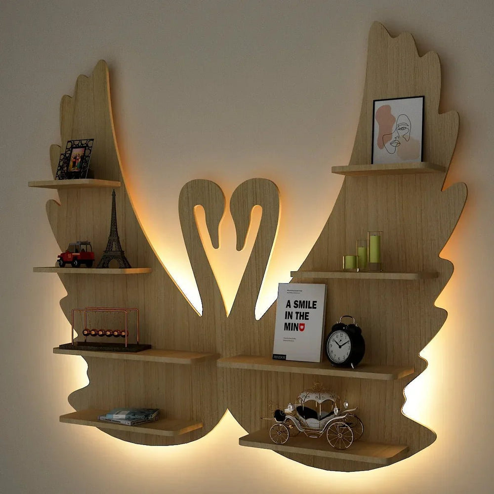 Loving Swan Backlit Wood Wall Shelf / Book Shelf / Night Light, Light Oak Finish - All India Decor