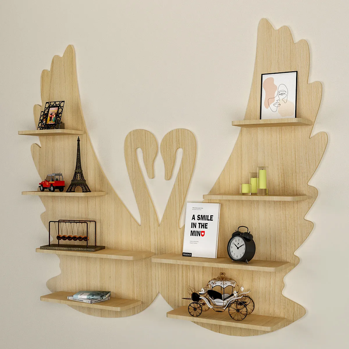 Loving Swan Backlit Wood Wall Shelf / Book Shelf / Night Light, Light Oak Finish