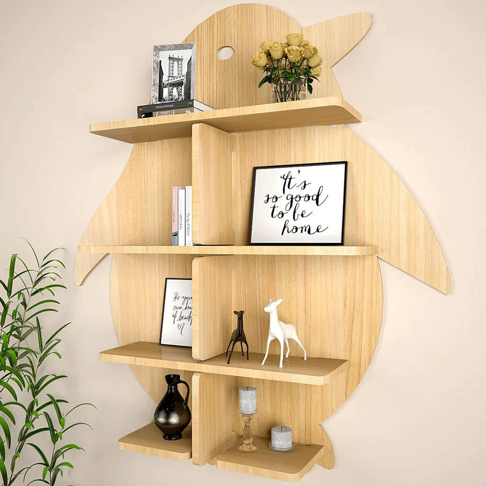 Penguin Backlit Wood Wall Shelf / Book Shelf / Night Light, Walnut Finish - All India Decor