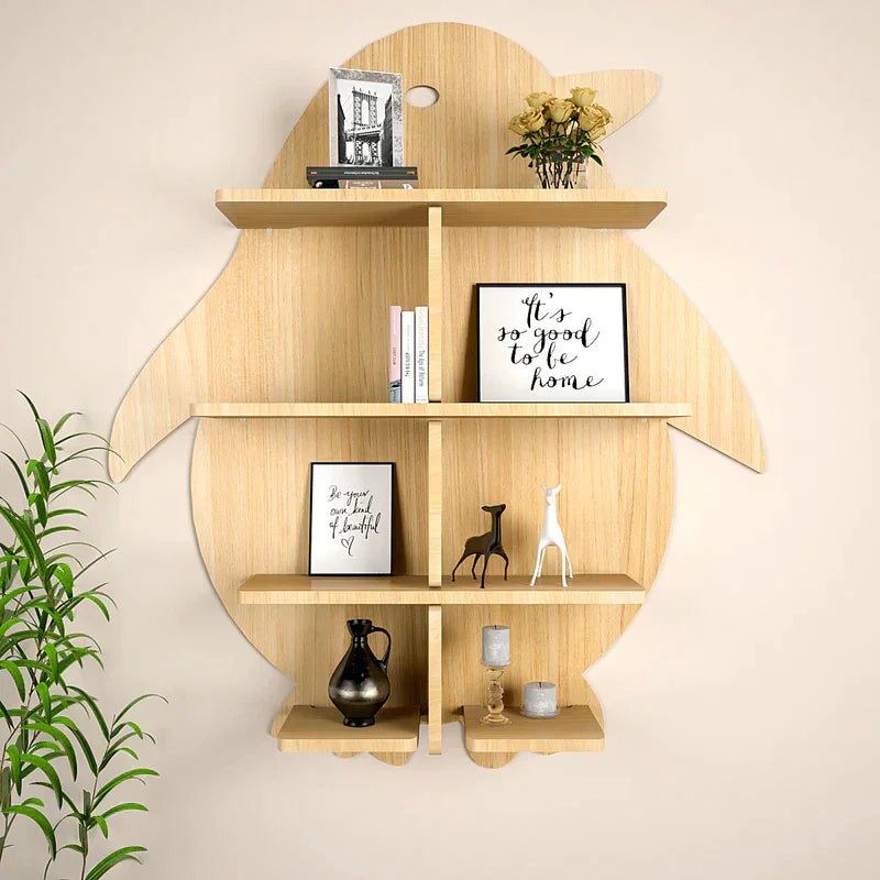 Penguin Backlit Wood Wall Shelf / Book Shelf / Night Light, Walnut Finish - All India Decor