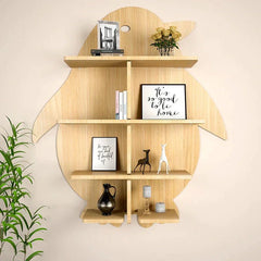 Penguin Backlit Wood Wall Shelf / Book Shelf / Night Light, Walnut Finish - All India Decor