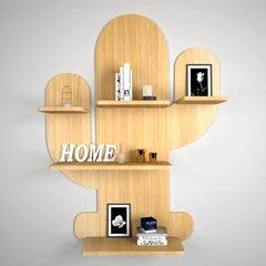 Cactus Shape Wood Wall Shelf / Book Shelf, Light Oak Finish - All India Decor