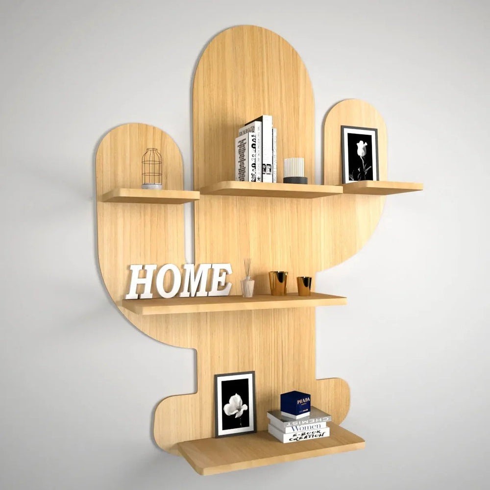 Cactus Shape Wood Wall Shelf / Book Shelf, Light Oak Finish - All India Decor