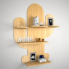Cactus Shape Wood Wall Shelf / Book Shelf, Light Oak Finish - All India Decor