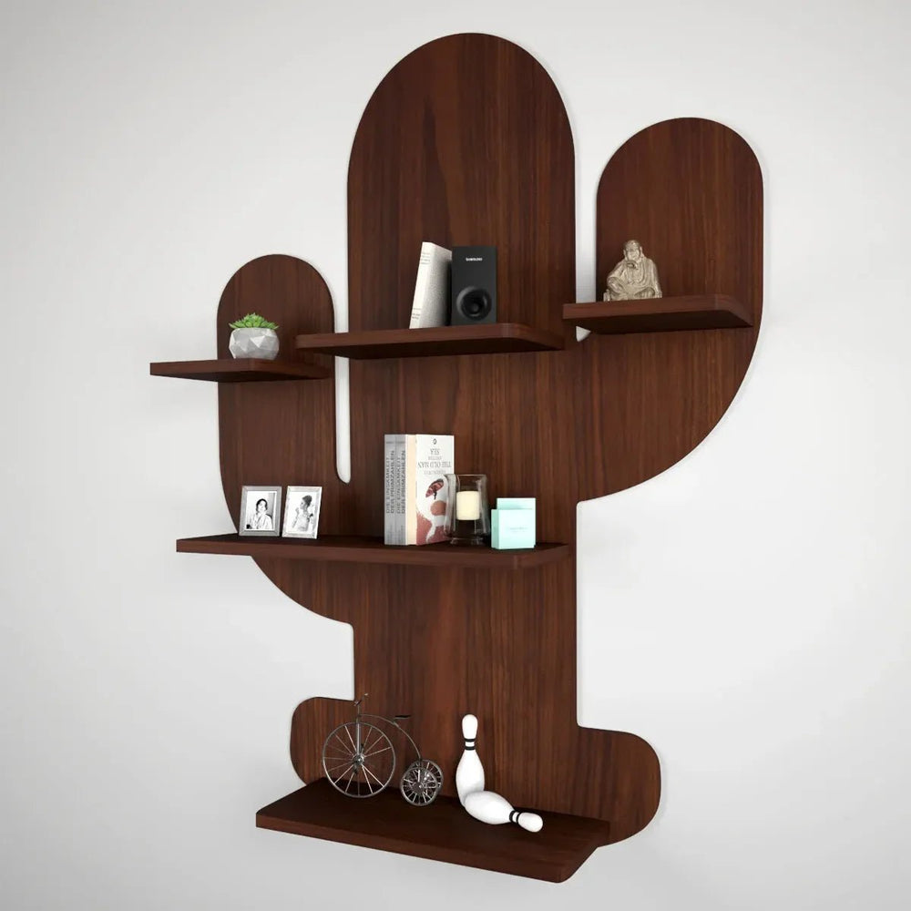 Cactus Shape Wood Wall Shelf / Book Shelf, Walnut Finish - All India Decor