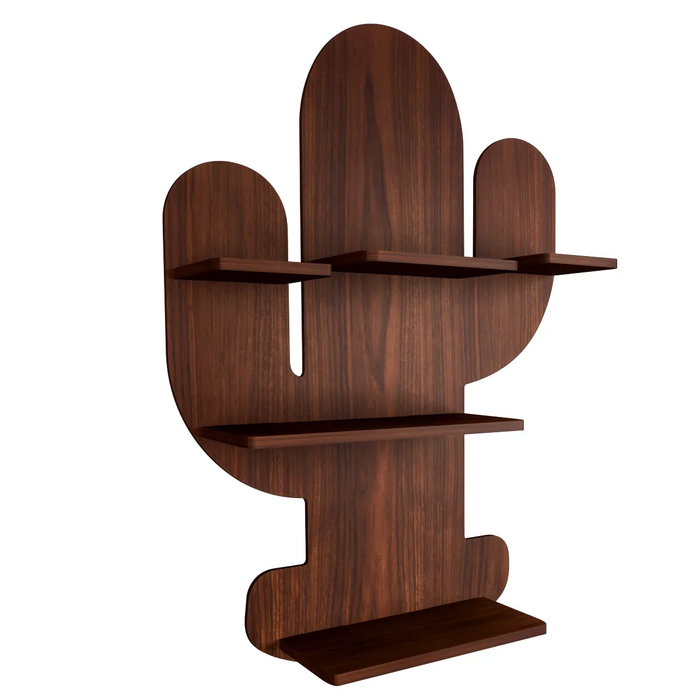 Cactus Shape Wood Wall Shelf / Book Shelf, Walnut Finish