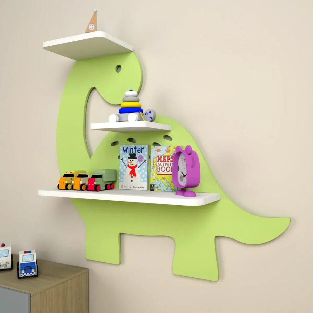 Dinosaur - Shaped Kids Wooden Shelf (Green) - All India Decor