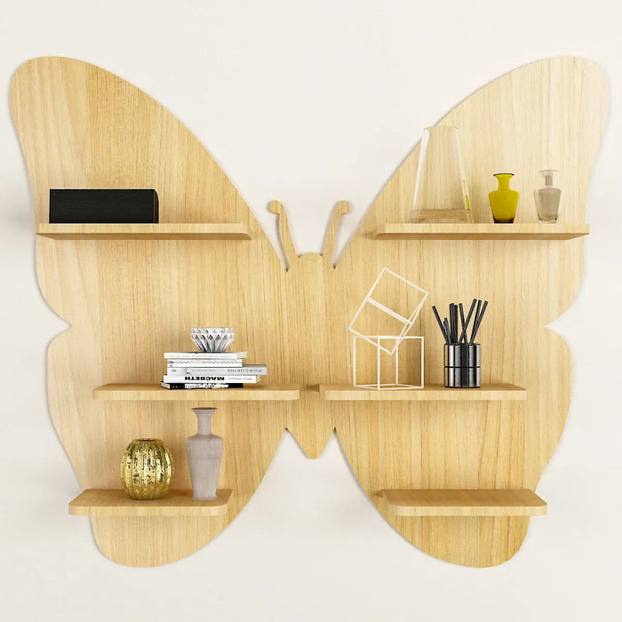 Wooden butterfly shelf with decorative items on a white background